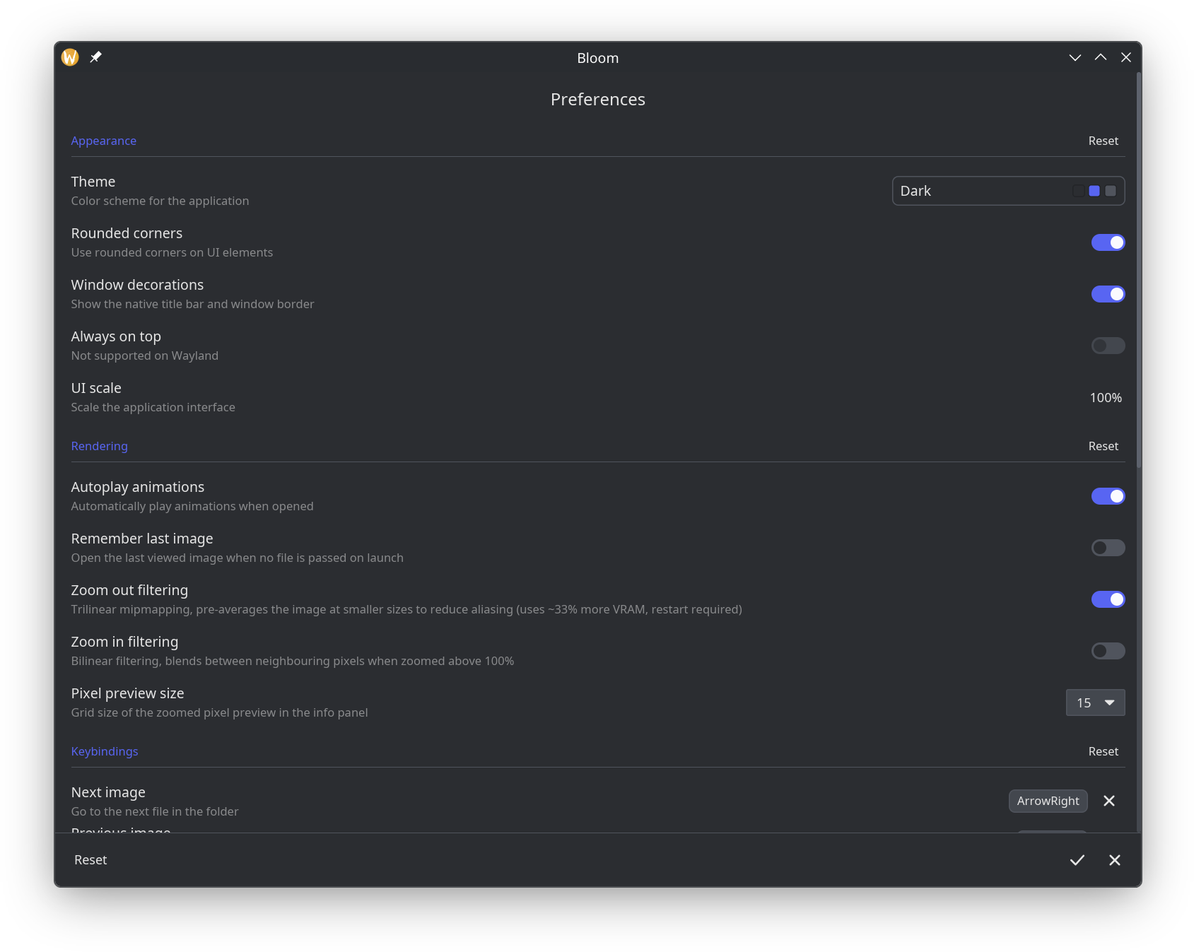 bloom preferences with themes and keybindings